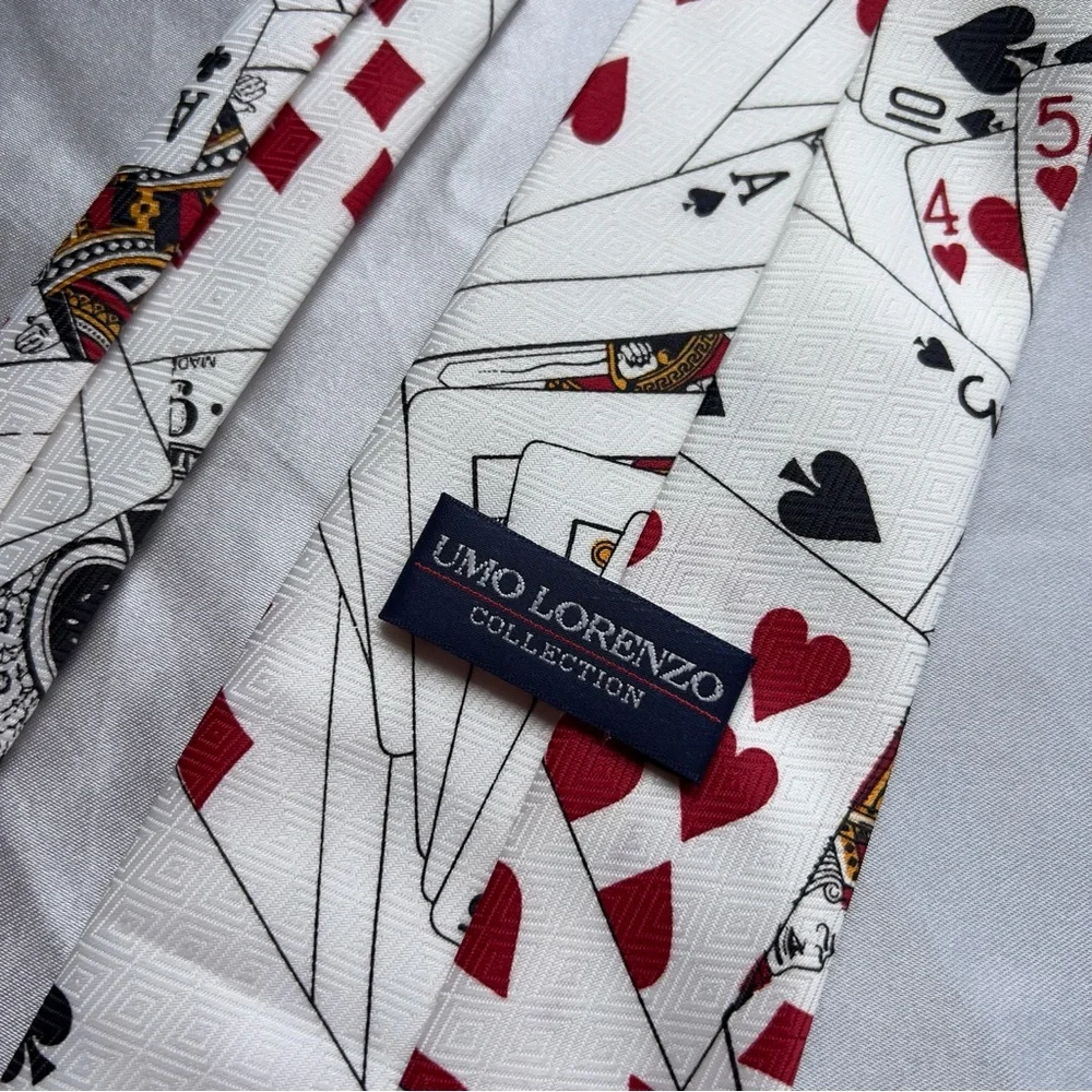 UMA LORENZO COLLECTION Menswear Cream Off White Play Cards Joker Pattern Necktie
